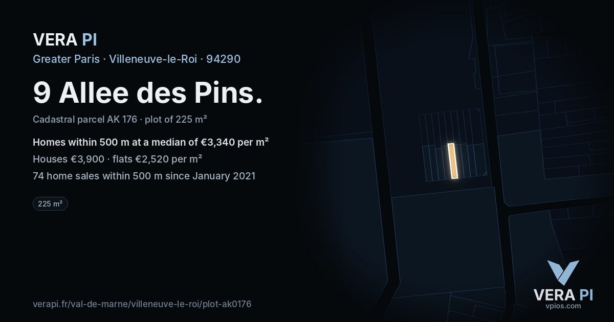 9 Allee des Pins, Villeneuve-le-Roi at night – the plot lit, the parcels around coloured by the prices near them