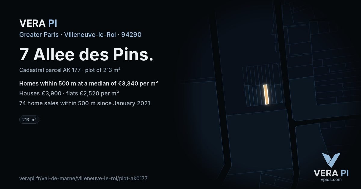 7 Allee des Pins, Villeneuve-le-Roi at night – the plot lit, the parcels around coloured by the prices near them
