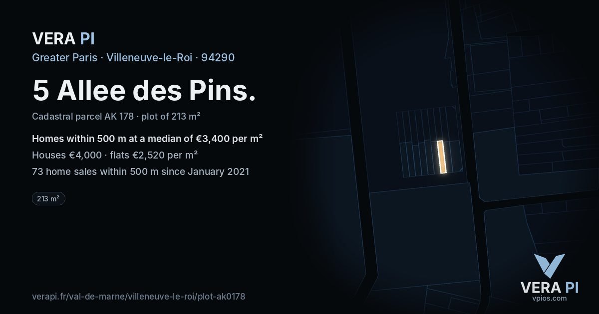 5 Allee des Pins, Villeneuve-le-Roi at night – the plot lit, the parcels around coloured by the prices near them