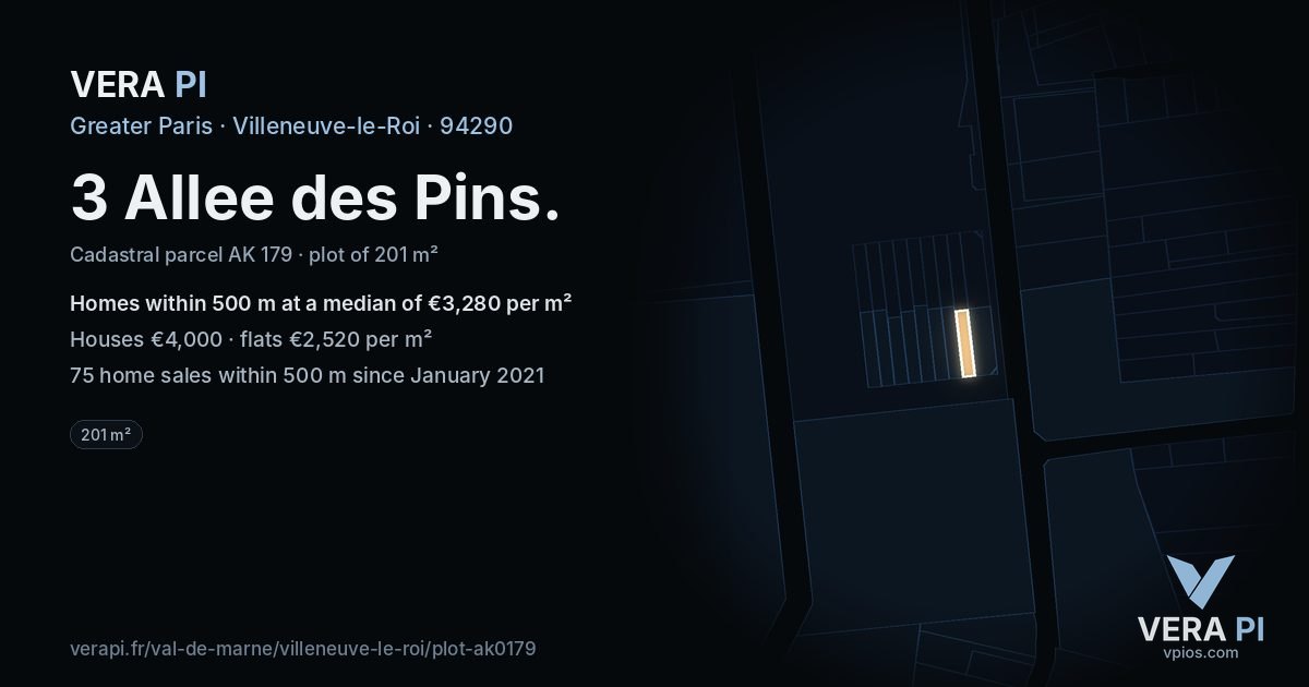 3 Allee des Pins, Villeneuve-le-Roi at night – the plot lit, the parcels around coloured by the prices near them