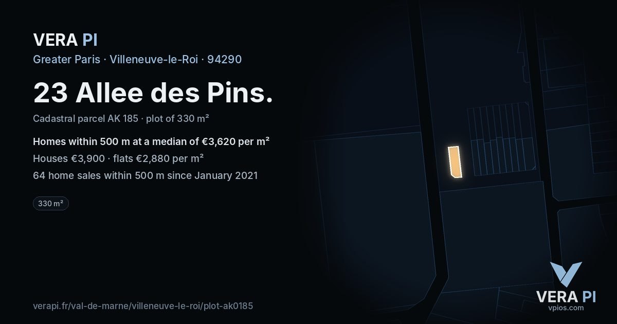 23 Allee des Pins, Villeneuve-le-Roi at night – the plot lit, the parcels around coloured by the prices near them