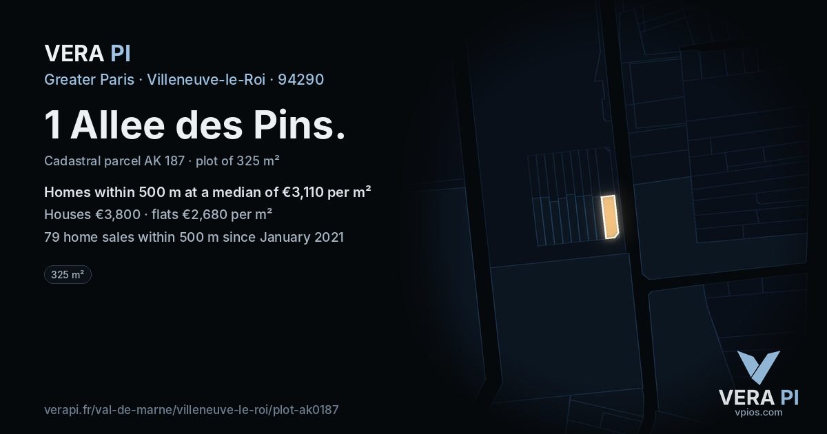 1 Allee des Pins, Villeneuve-le-Roi at night – the plot lit, the parcels around coloured by the prices near them