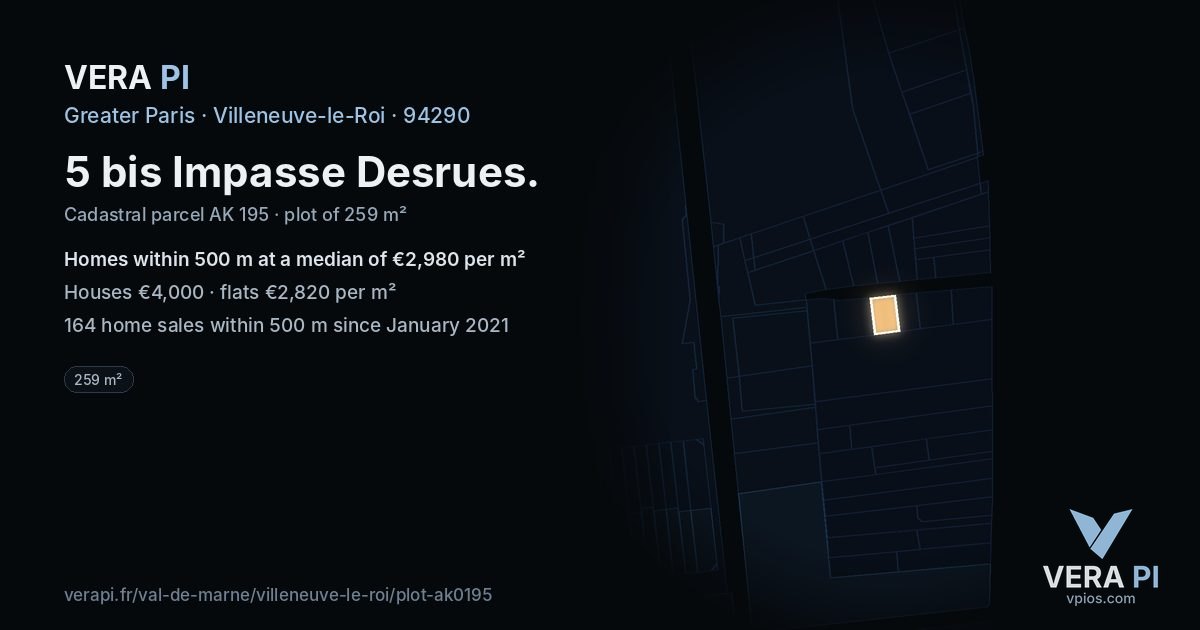 5 bis Impasse Desrues, Villeneuve-le-Roi at night – the plot lit, the parcels around coloured by the prices near them