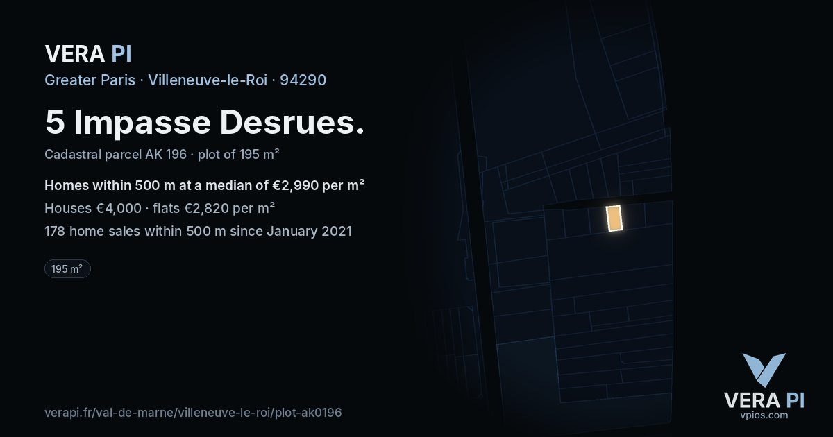 5 Impasse Desrues, Villeneuve-le-Roi at night – the plot lit, the parcels around coloured by the prices near them