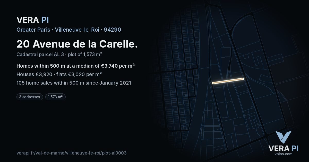20 Avenue de la Carelle, Villeneuve-le-Roi at night – the plot lit, the parcels around coloured by the prices near them