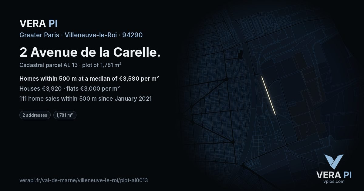 2 Avenue de la Carelle, Villeneuve-le-Roi at night – the plot lit, the parcels around coloured by the prices near them