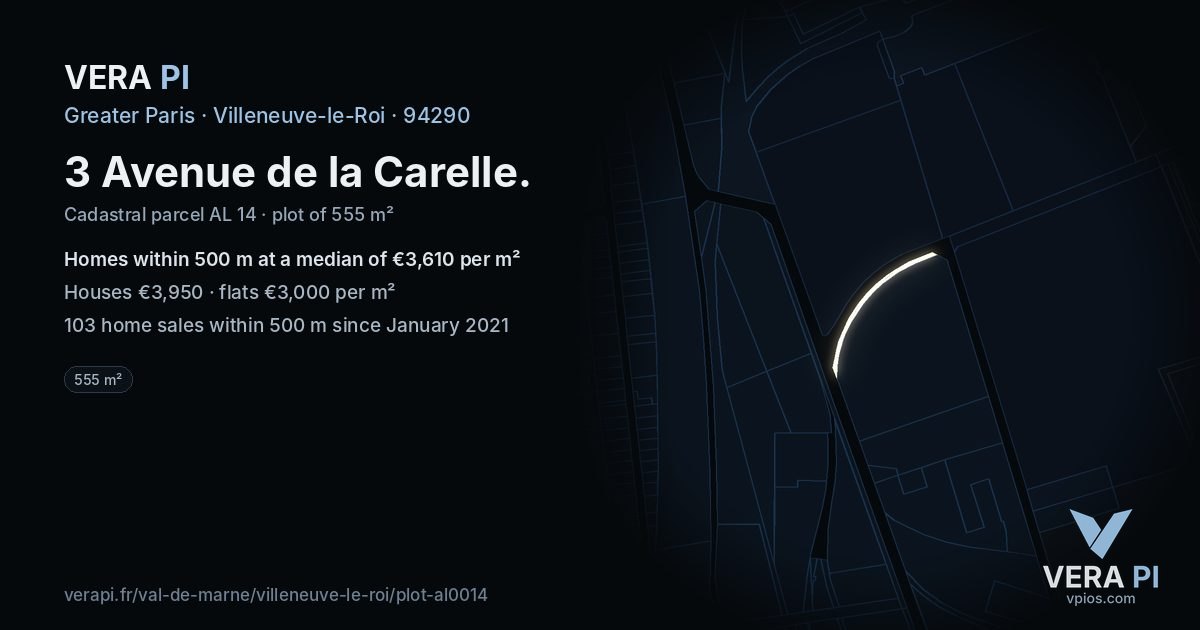3 Avenue de la Carelle, Villeneuve-le-Roi at night – the plot lit, the parcels around coloured by the prices near them