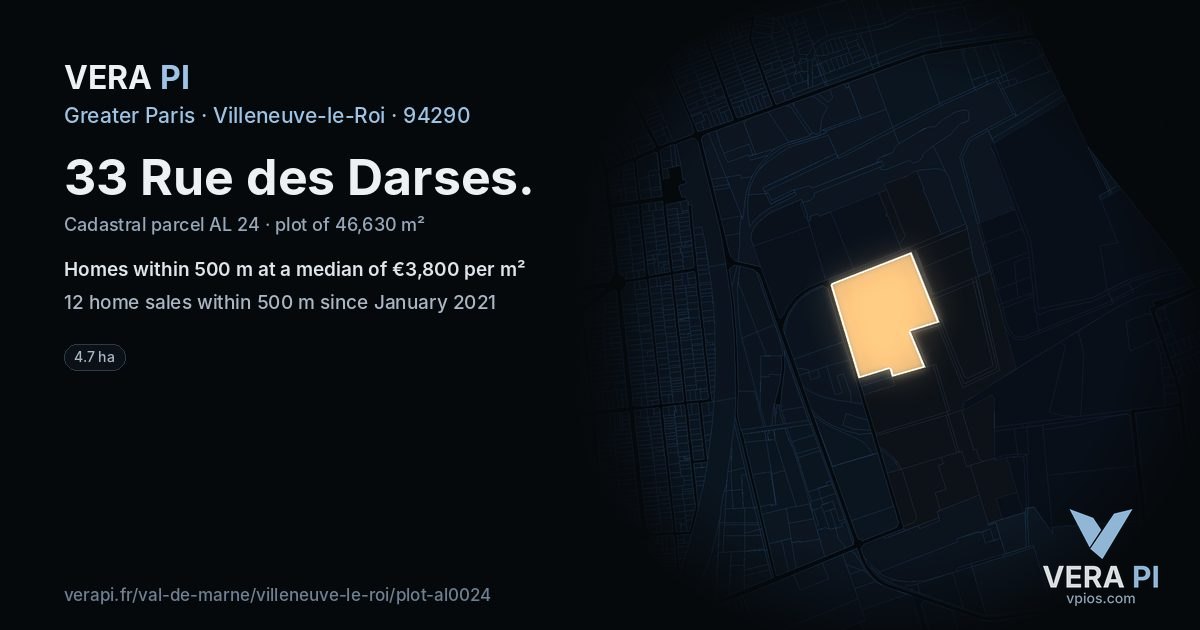 33 Rue des Darses, Villeneuve-le-Roi at night – the plot lit, the parcels around coloured by the prices near them
