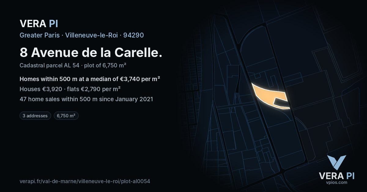 8 Avenue de la Carelle, Villeneuve-le-Roi at night – the plot lit, the parcels around coloured by the prices near them