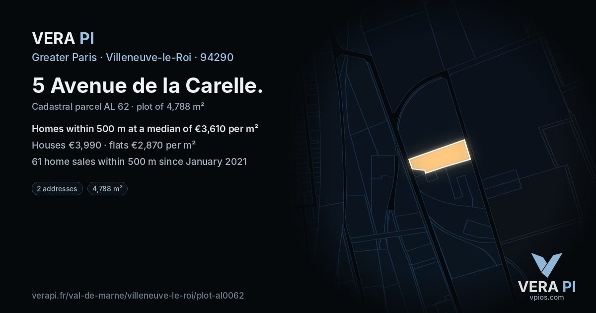 5 Avenue de la Carelle, Villeneuve-le-Roi at night – the plot lit, the parcels around coloured by the prices near them