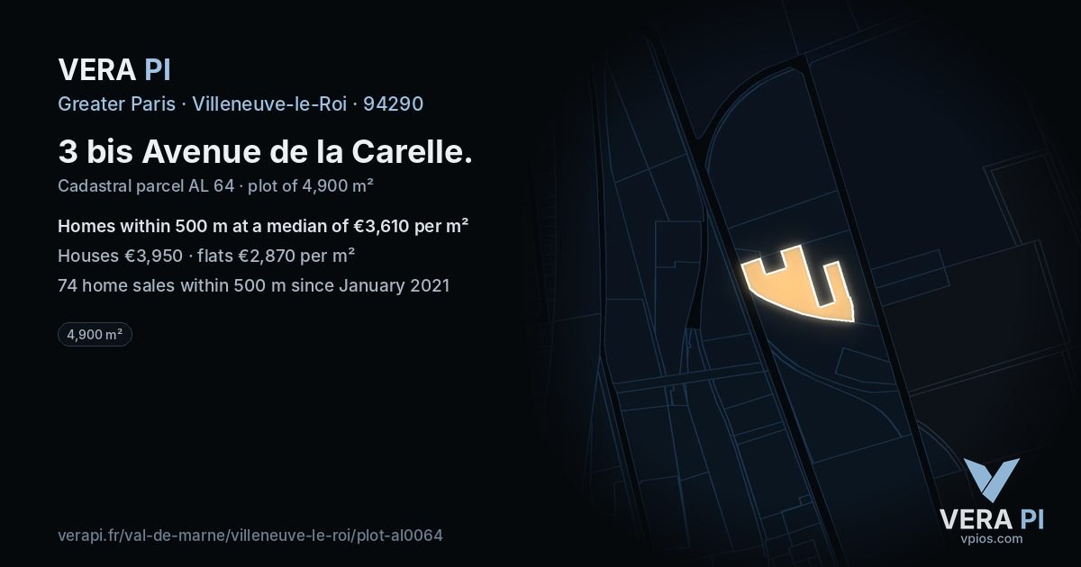 3 bis Avenue de la Carelle, Villeneuve-le-Roi at night – the plot lit, the parcels around coloured by the prices near them