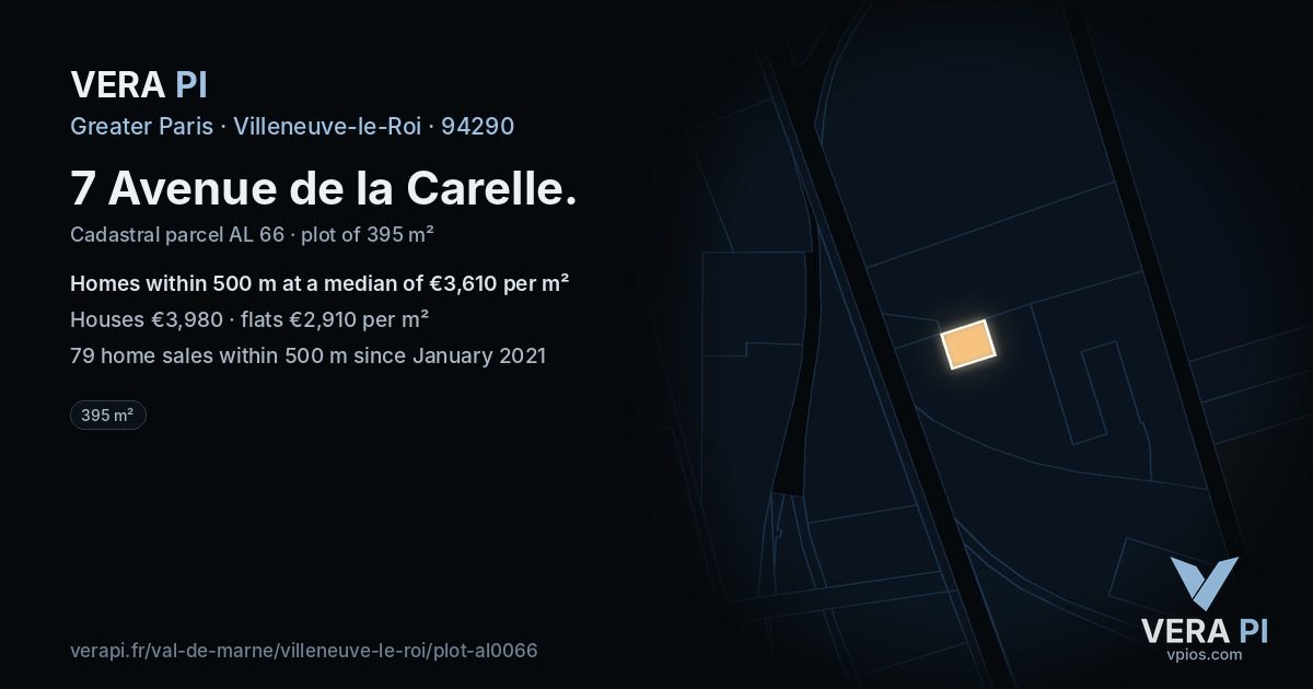 7 Avenue de la Carelle, Villeneuve-le-Roi at night – the plot lit, the parcels around coloured by the prices near them