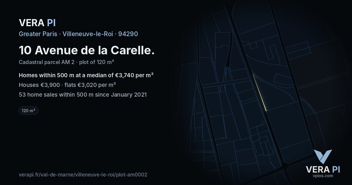 10 Avenue de la Carelle, Villeneuve-le-Roi at night – the plot lit, the parcels around coloured by the prices near them