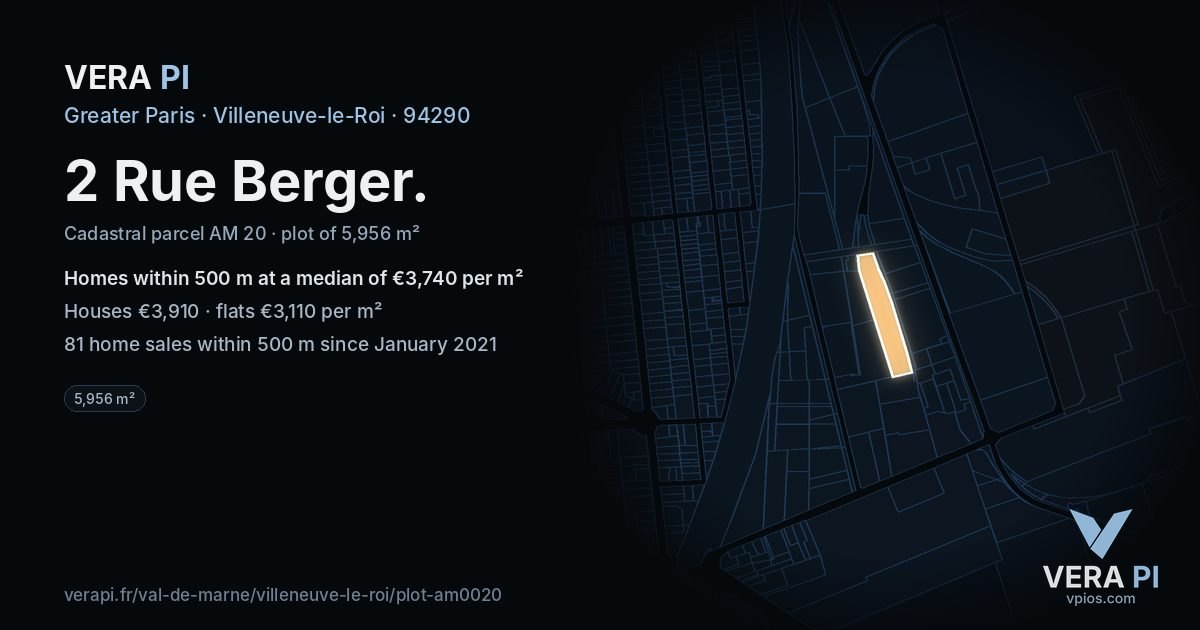 2 Rue Berger, Villeneuve-le-Roi at night – the plot lit, the parcels around coloured by the prices near them