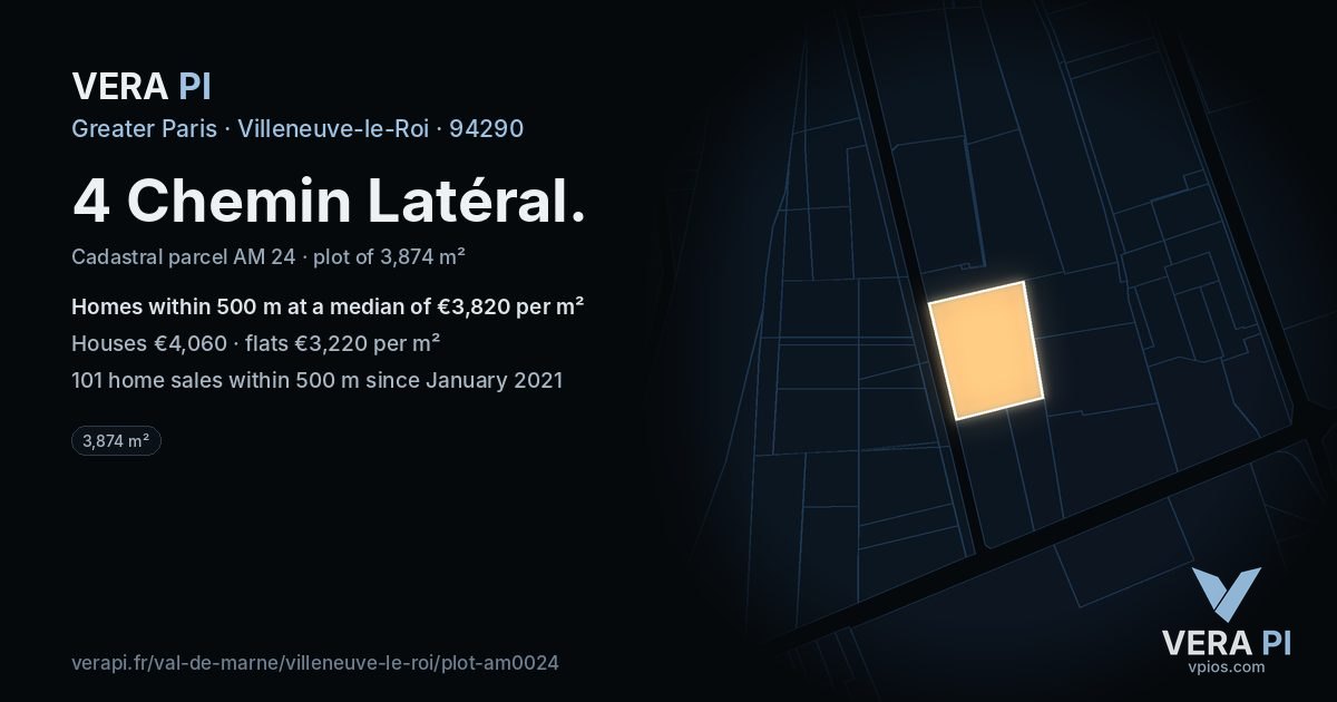 4 Chemin Latéral, Villeneuve-le-Roi at night – the plot lit, the parcels around coloured by the prices near them