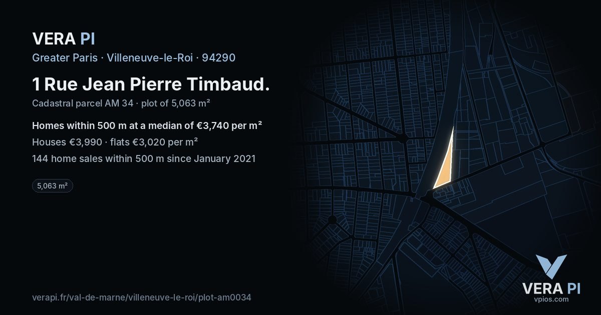 1 Rue Jean Pierre Timbaud, Villeneuve-le-Roi at night – the plot lit, the parcels around coloured by the prices near them
