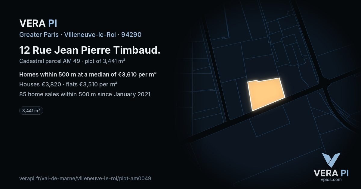 12 Rue Jean Pierre Timbaud, Villeneuve-le-Roi at night – the plot lit, the parcels around coloured by the prices near them