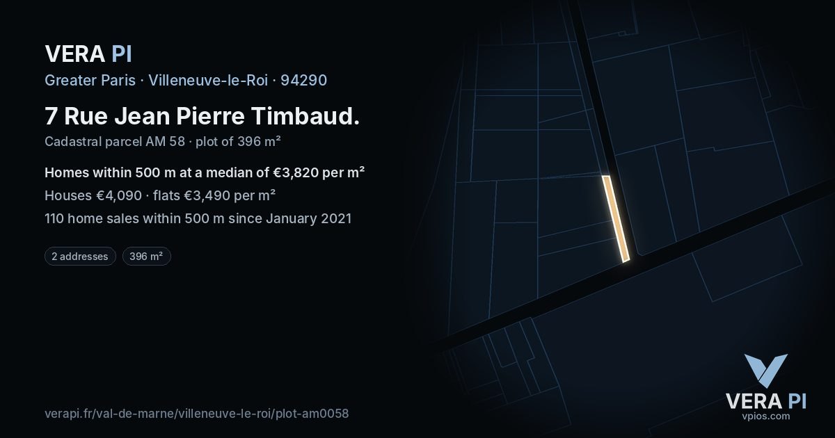 7 Rue Jean Pierre Timbaud, Villeneuve-le-Roi at night – the plot lit, the parcels around coloured by the prices near them