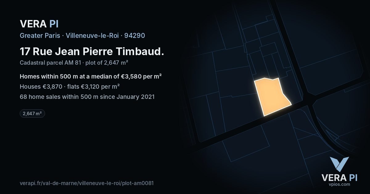 17 Rue Jean Pierre Timbaud, Villeneuve-le-Roi at night – the plot lit, the parcels around coloured by the prices near them