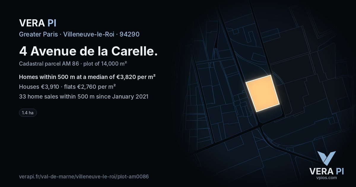 4 Avenue de la Carelle, Villeneuve-le-Roi at night – the plot lit, the parcels around coloured by the prices near them