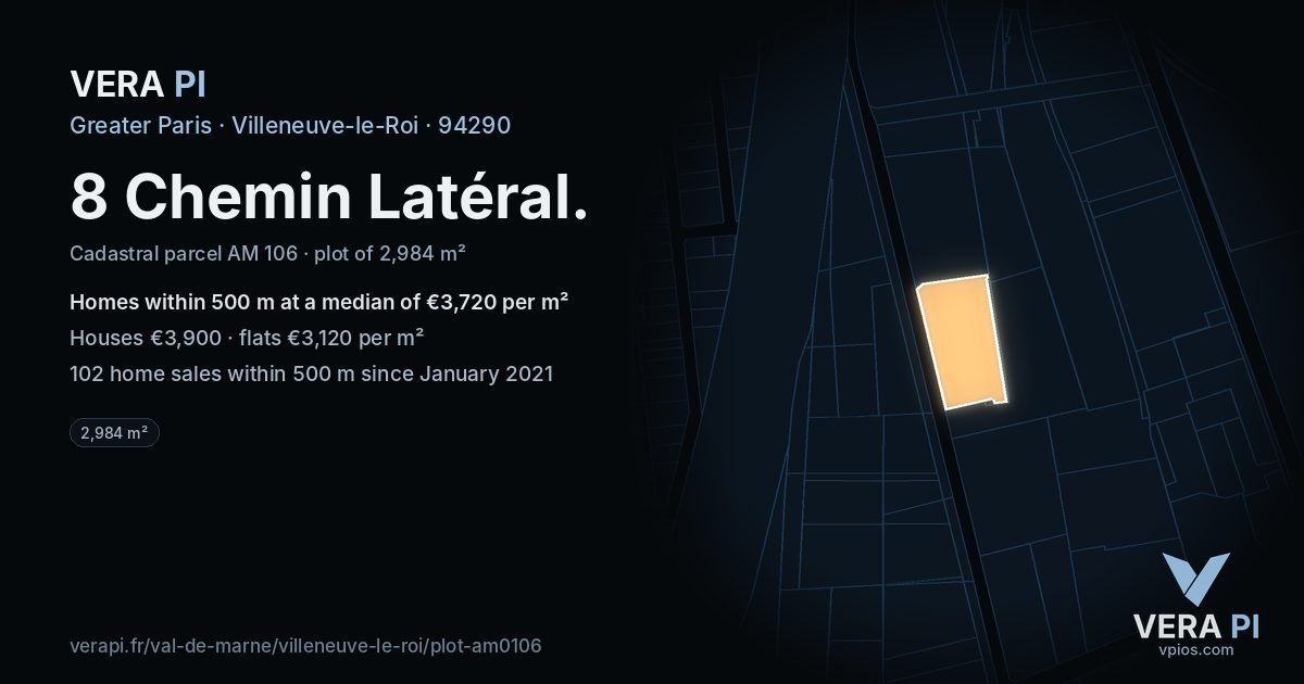 8 Chemin Latéral, Villeneuve-le-Roi at night – the plot lit, the parcels around coloured by the prices near them