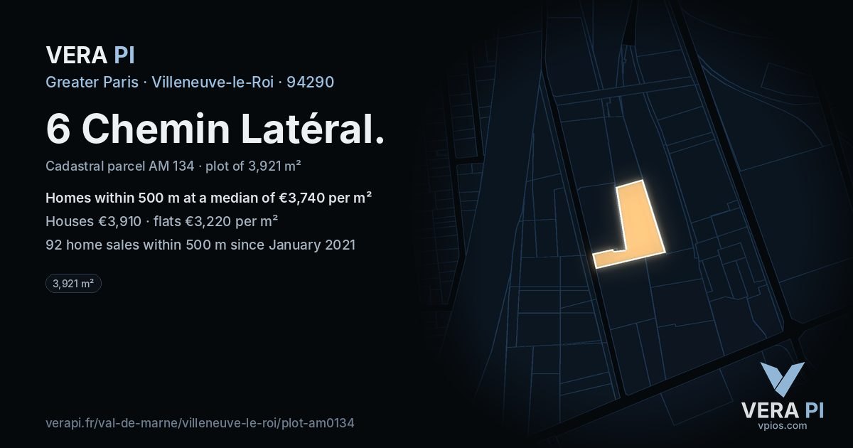 6 Chemin Latéral, Villeneuve-le-Roi at night – the plot lit, the parcels around coloured by the prices near them