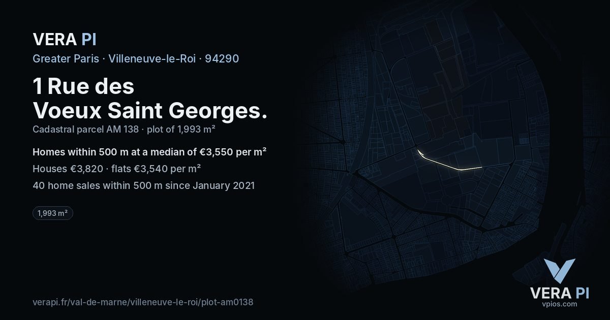 1 Rue des Voeux Saint Georges, Villeneuve-le-Roi at night – the plot lit, the parcels around coloured by the prices near them