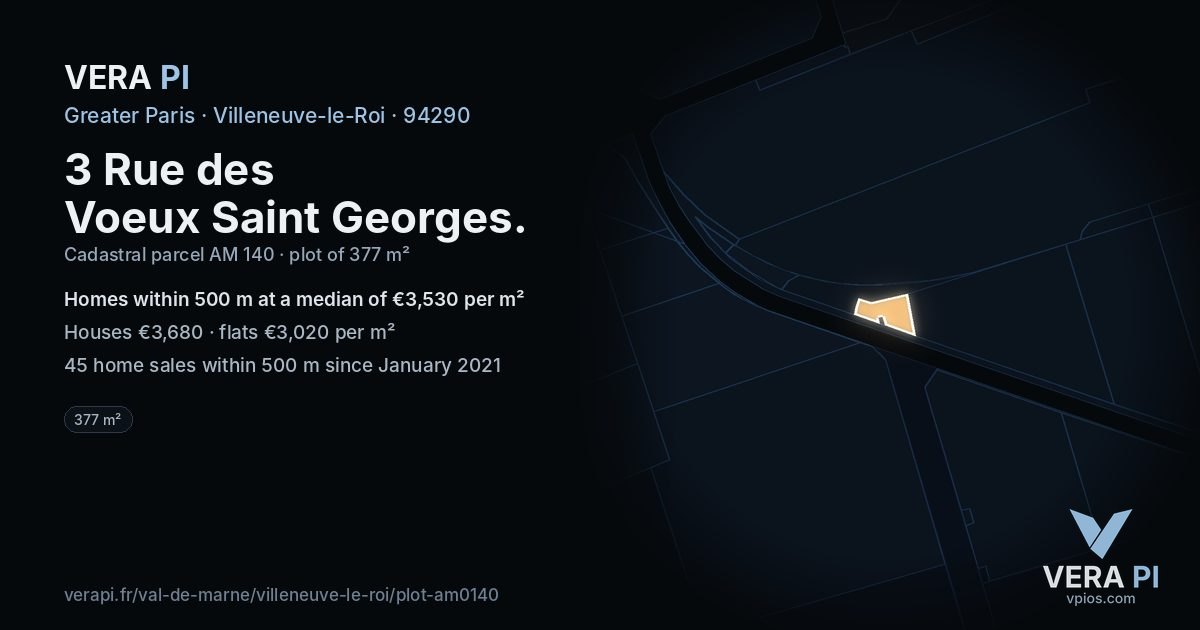3 Rue des Voeux Saint Georges, Villeneuve-le-Roi at night – the plot lit, the parcels around coloured by the prices near them