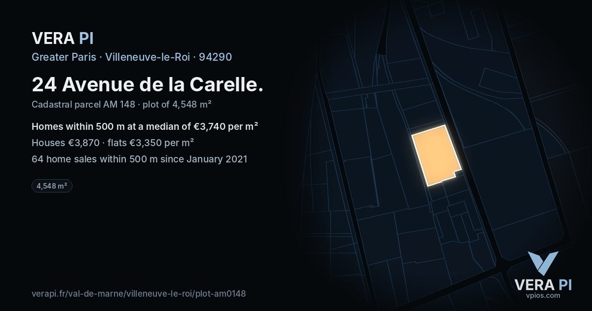 24 Avenue de la Carelle, Villeneuve-le-Roi at night – the plot lit, the parcels around coloured by the prices near them