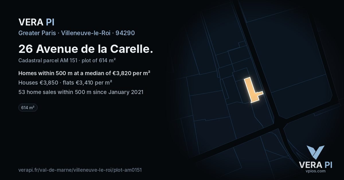 26 Avenue de la Carelle, Villeneuve-le-Roi at night – the plot lit, the parcels around coloured by the prices near them