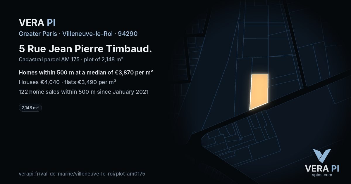 5 Rue Jean Pierre Timbaud, Villeneuve-le-Roi at night – the plot lit, the parcels around coloured by the prices near them