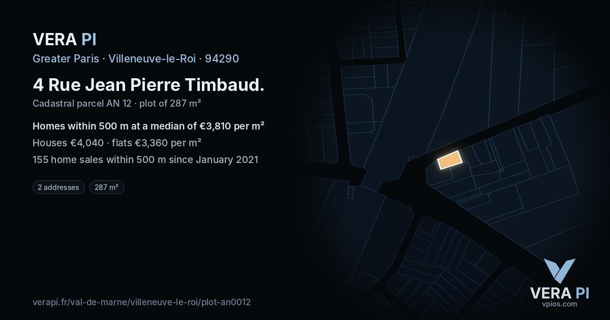 4 Rue Jean Pierre Timbaud, Villeneuve-le-Roi at night – the plot lit, the parcels around coloured by the prices near them