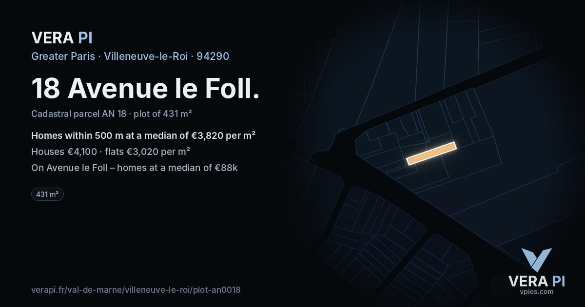 18 Avenue le Foll, Villeneuve-le-Roi at night – the plot lit, the parcels around coloured by the prices near them