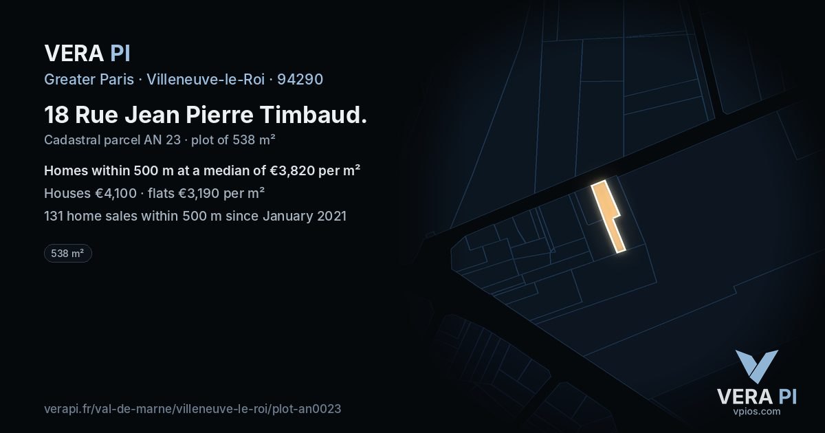 18 Rue Jean Pierre Timbaud, Villeneuve-le-Roi at night – the plot lit, the parcels around coloured by the prices near them
