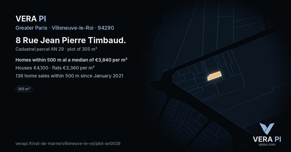 8 Rue Jean Pierre Timbaud, Villeneuve-le-Roi at night – the plot lit, the parcels around coloured by the prices near them
