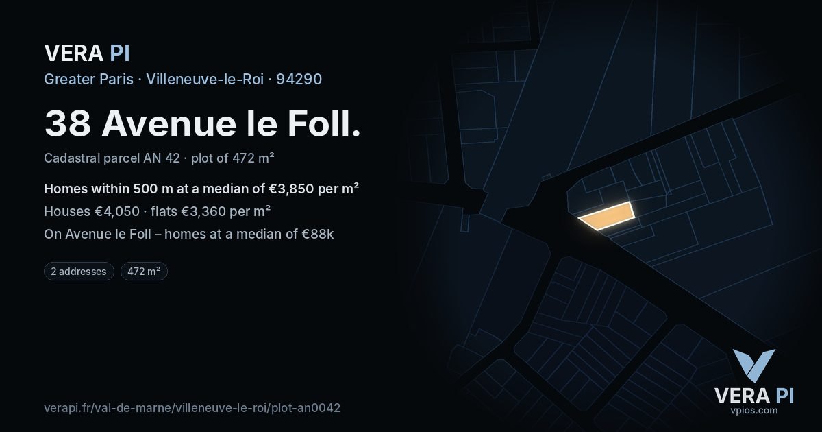 38 Avenue le Foll, Villeneuve-le-Roi at night – the plot lit, the parcels around coloured by the prices near them