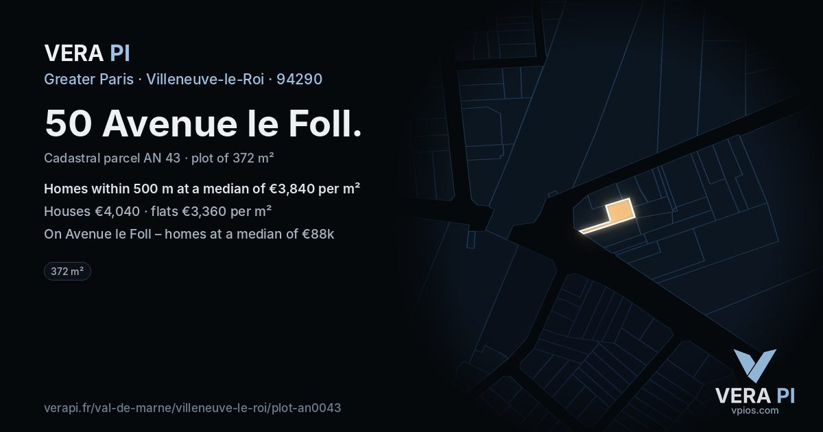 50 Avenue le Foll, Villeneuve-le-Roi at night – the plot lit, the parcels around coloured by the prices near them