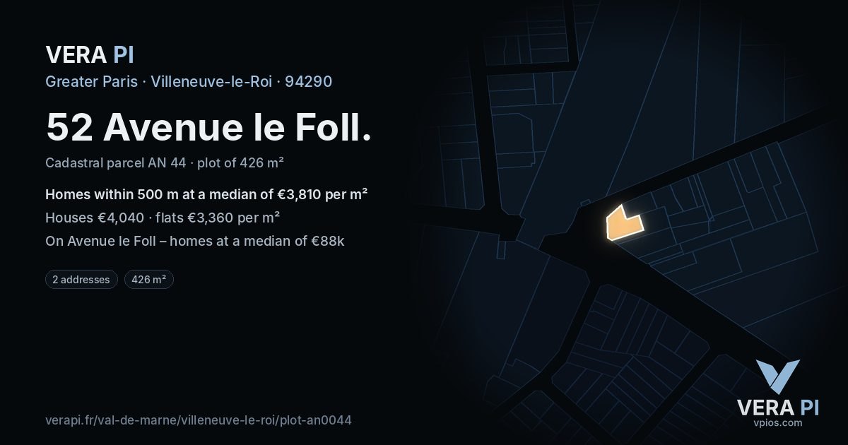 52 Avenue le Foll, Villeneuve-le-Roi at night – the plot lit, the parcels around coloured by the prices near them