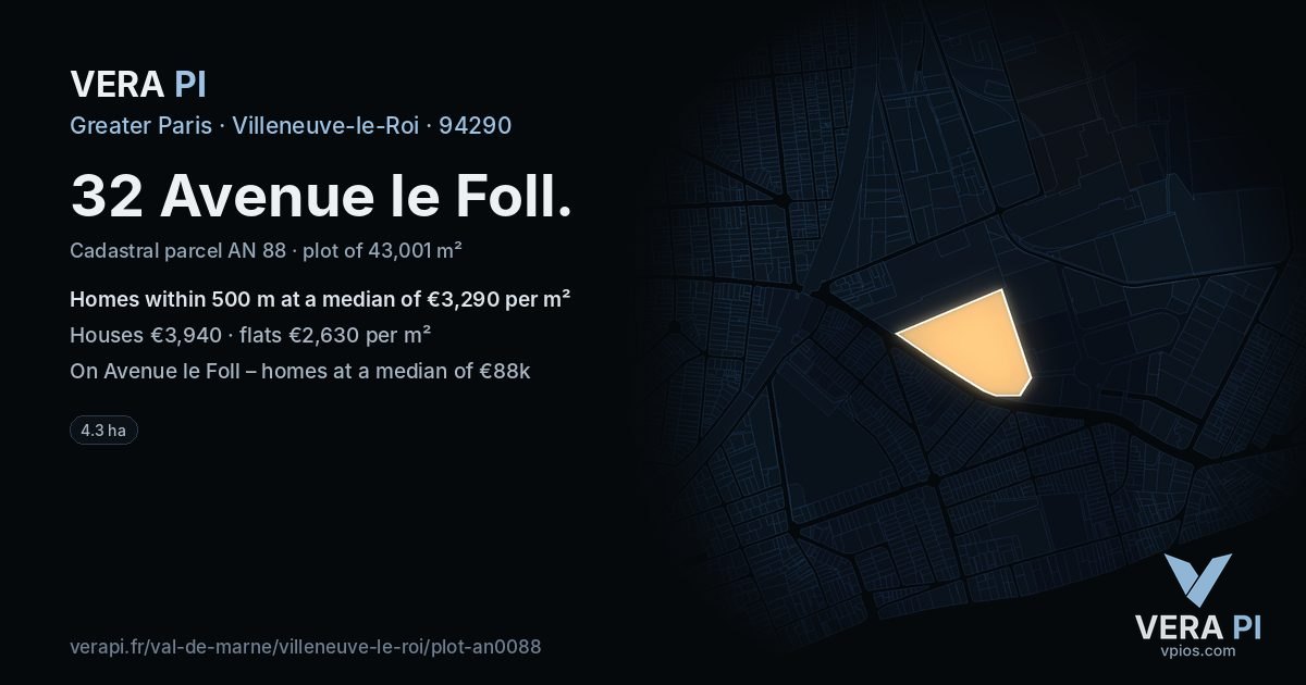 32 Avenue le Foll, Villeneuve-le-Roi at night – the plot lit, the parcels around coloured by the prices near them