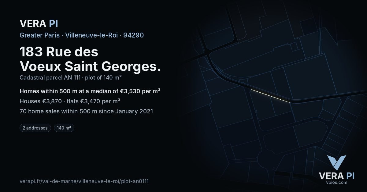 183 Rue des Voeux Saint Georges, Villeneuve-le-Roi at night – the plot lit, the parcels around coloured by the prices near them
