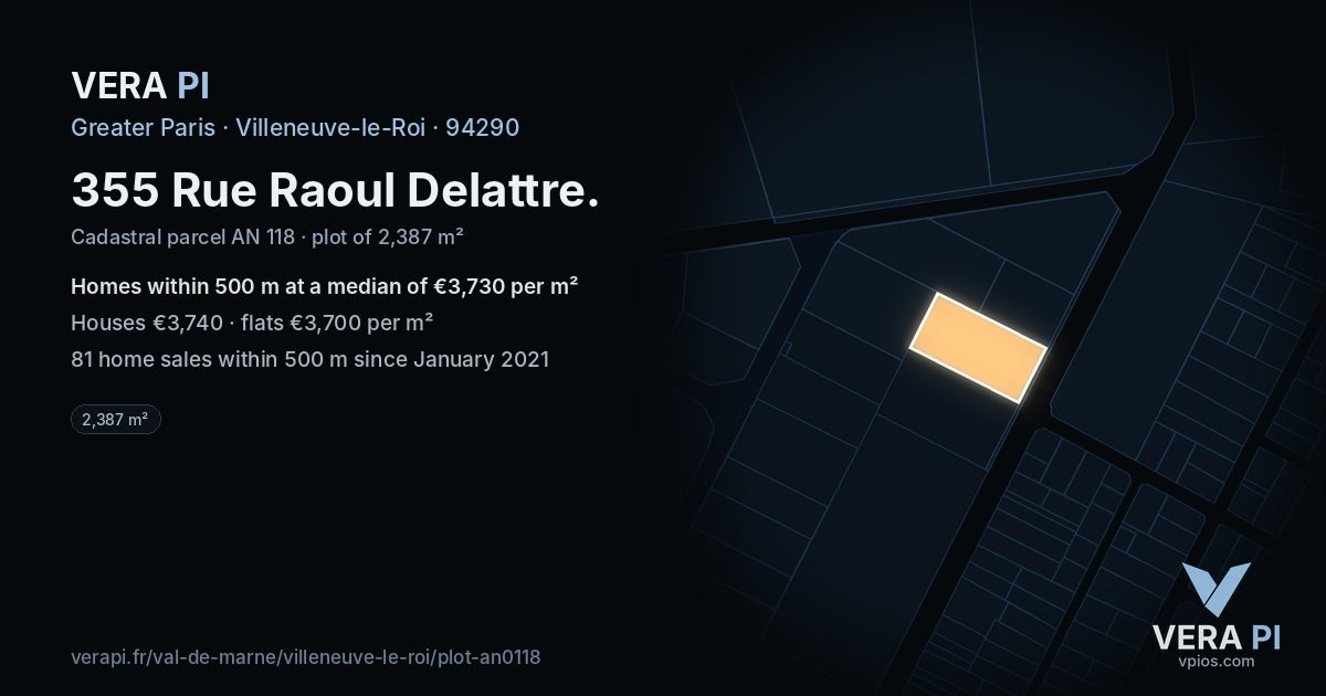 355 Rue Raoul Delattre, Villeneuve-le-Roi at night – the plot lit, the parcels around coloured by the prices near them