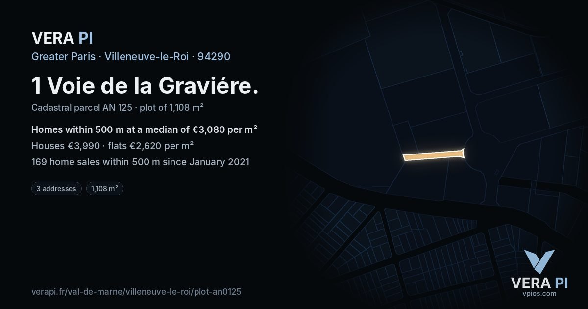 1 Voie de la Graviére, Villeneuve-le-Roi at night – the plot lit, the parcels around coloured by the prices near them