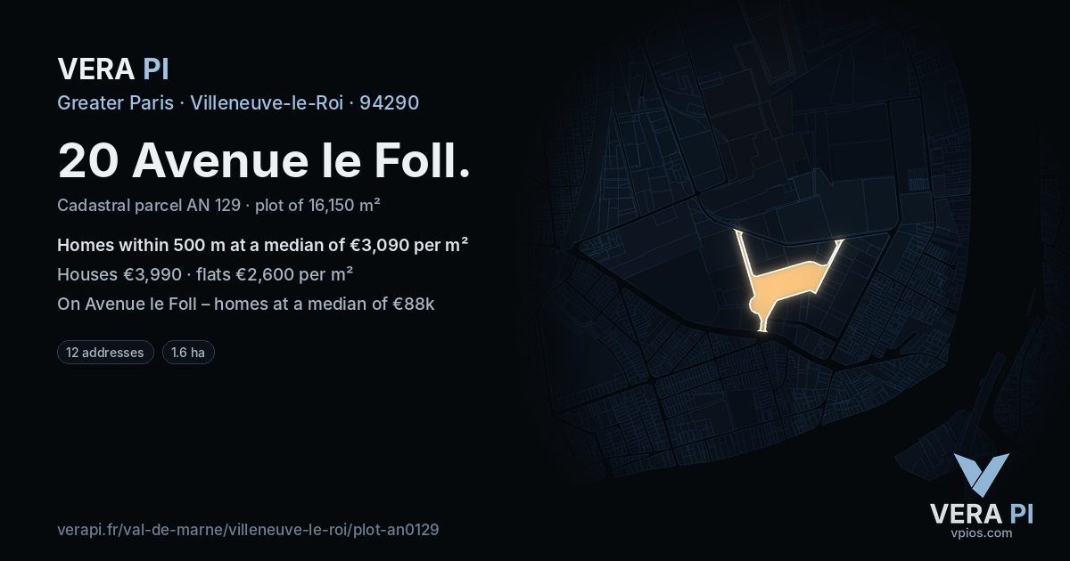 20 Avenue le Foll, Villeneuve-le-Roi at night – the plot lit, the parcels around coloured by the prices near them