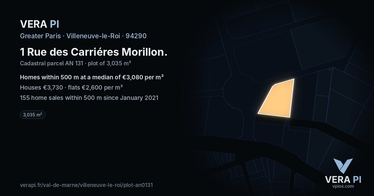 1 Rue des Carriéres Morillon, Villeneuve-le-Roi at night – the plot lit, the parcels around coloured by the prices near them