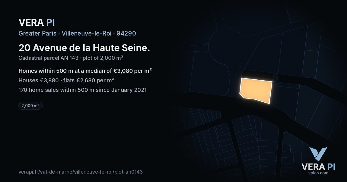 20 Avenue de la Haute Seine, Villeneuve-le-Roi at night – the plot lit, the parcels around coloured by the prices near them