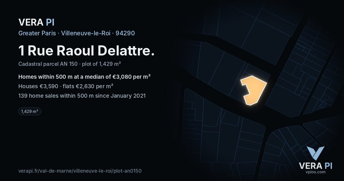 1 Rue Raoul Delattre, Villeneuve-le-Roi at night – the plot lit, the parcels around coloured by the prices near them
