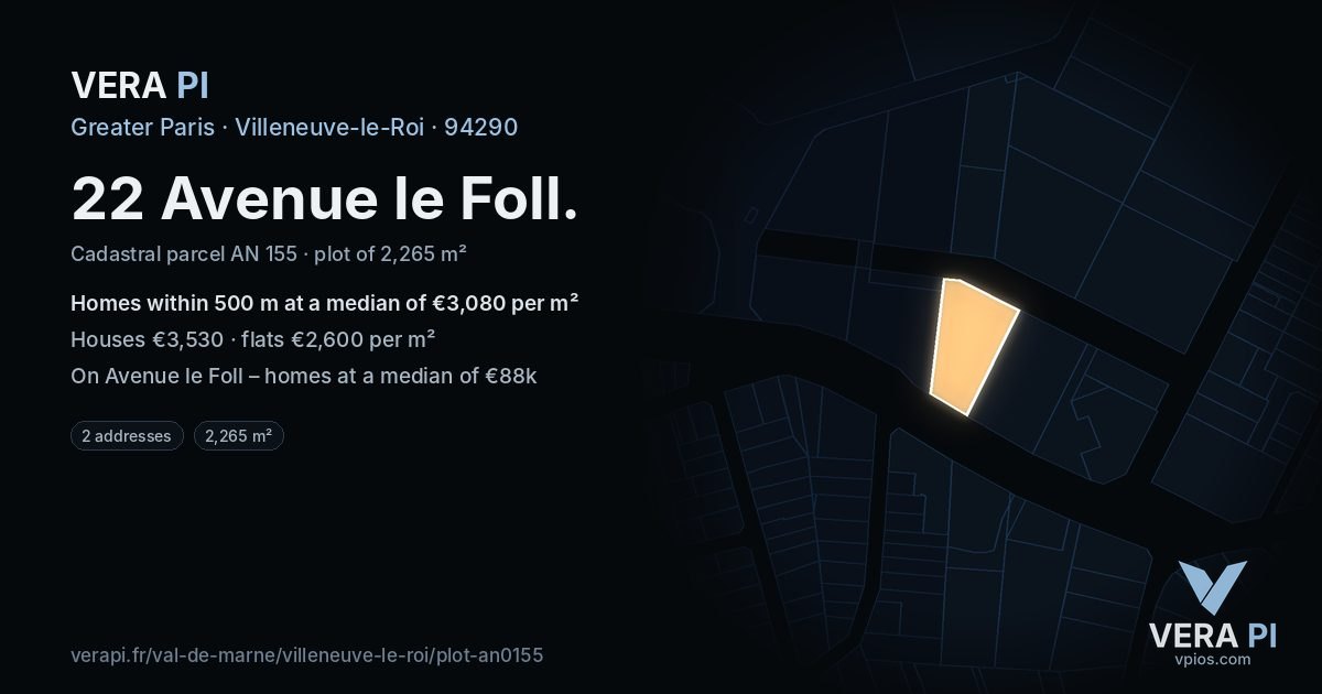 22 Avenue le Foll, Villeneuve-le-Roi at night – the plot lit, the parcels around coloured by the prices near them