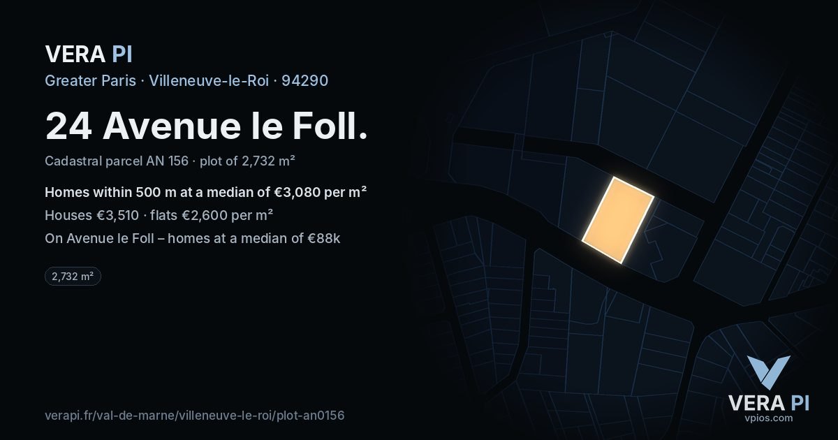 24 Avenue le Foll, Villeneuve-le-Roi at night – the plot lit, the parcels around coloured by the prices near them