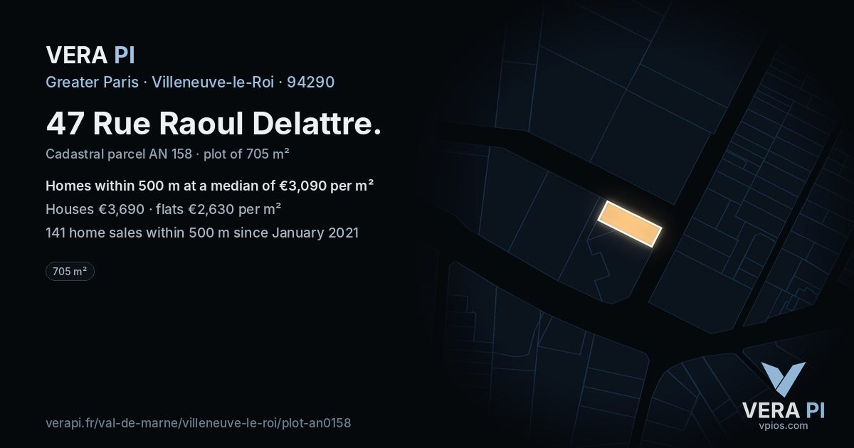 47 Rue Raoul Delattre, Villeneuve-le-Roi at night – the plot lit, the parcels around coloured by the prices near them