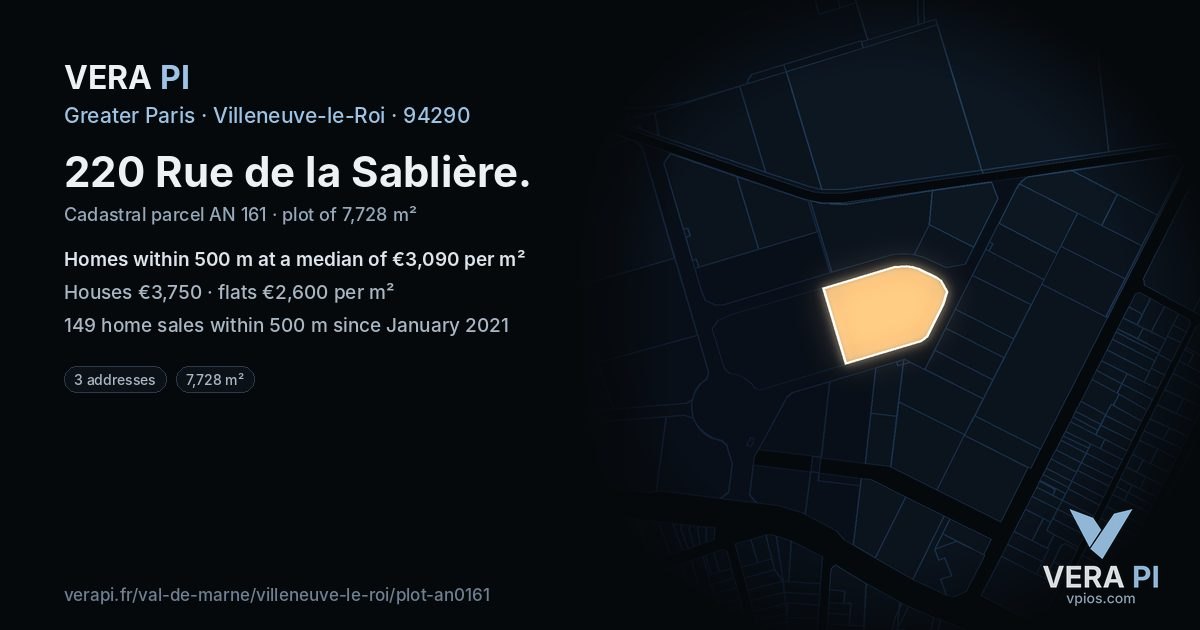 220 Rue de la Sablière, Villeneuve-le-Roi at night – the plot lit, the parcels around coloured by the prices near them